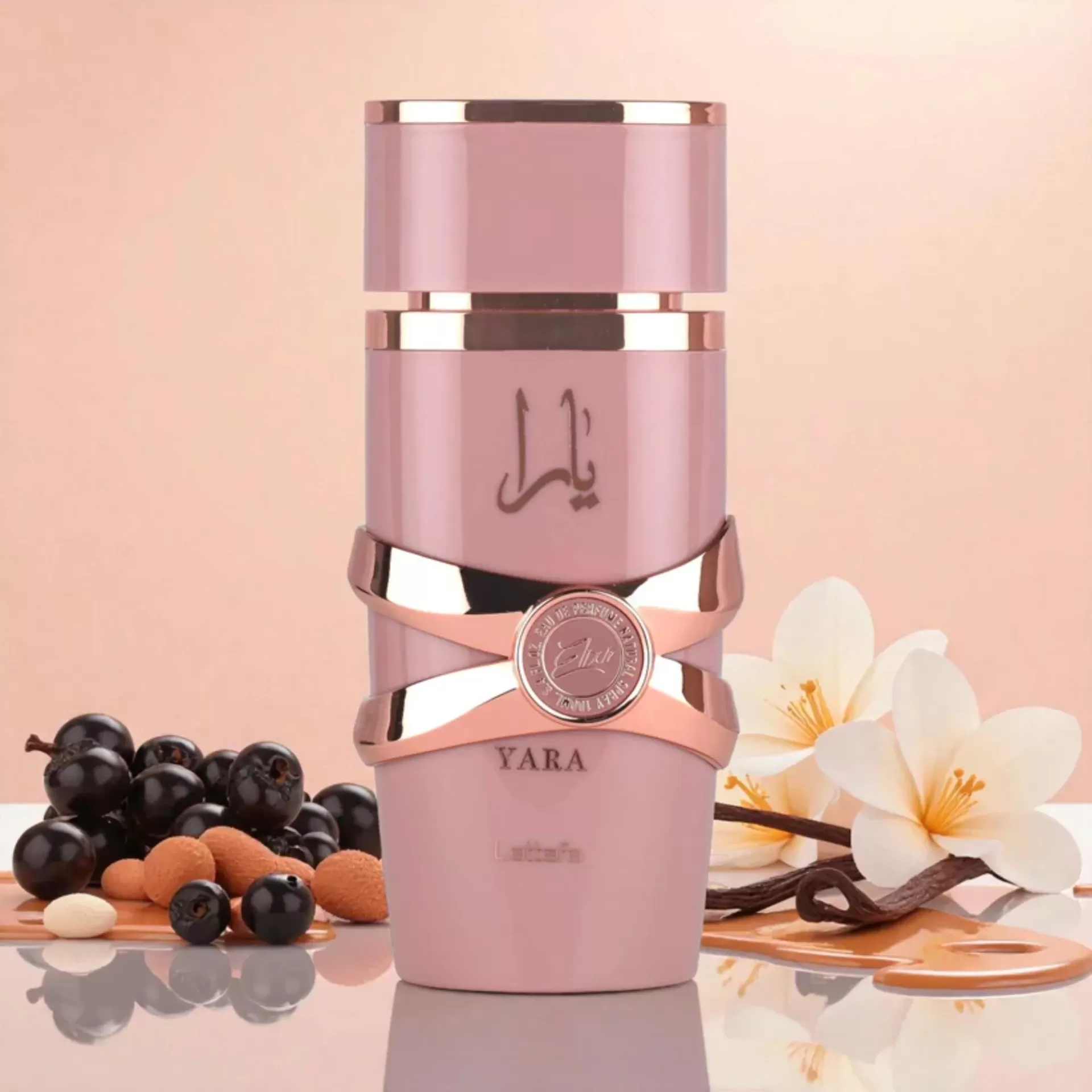 Frasco de perfume rosa com detalhes dourados e texto YARA e Laitfin, com selo dourado no centro.