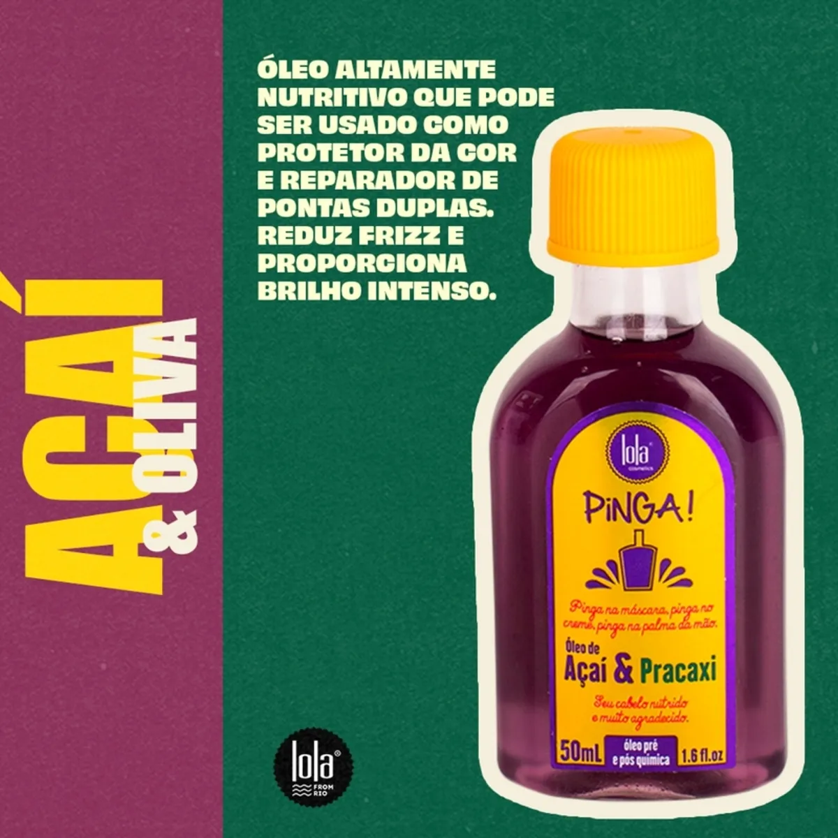 Frasco pequeno de óleo para cabelo de Açaí e Pracaxi com tampa amarela e rótulo roxo e amarelo