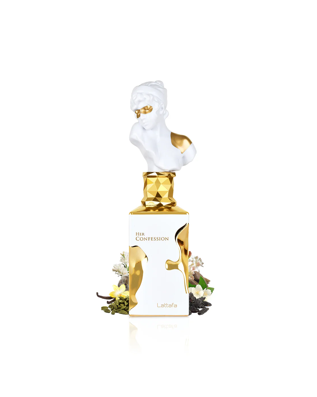 Frasco de perfume branco e dourado com tampa em forma de busto clássico, rodeado por pequenas flores.