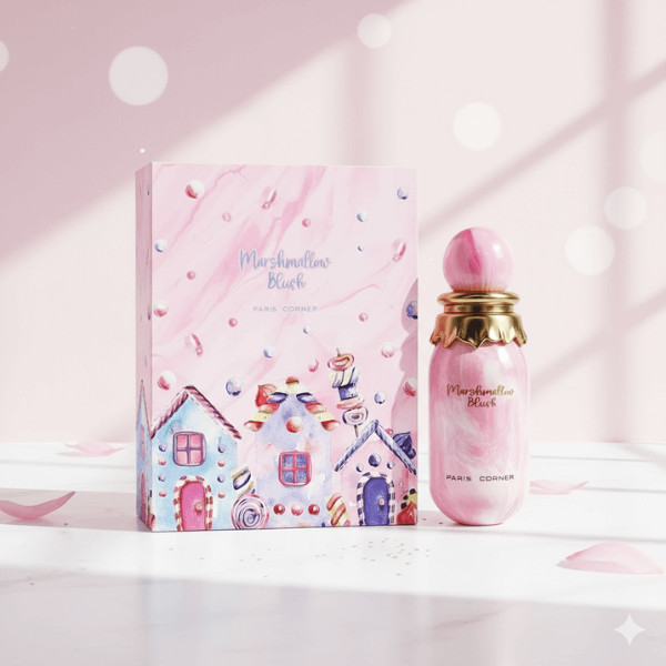 Frasco de perfume rosa Marmoreado com caixa ilustrada