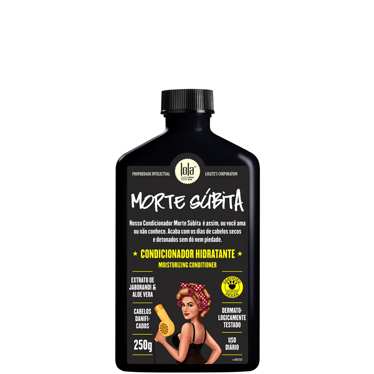 Condicionador hidratante Lola Morte Súbita 250g com ilustração de mulher cacheada