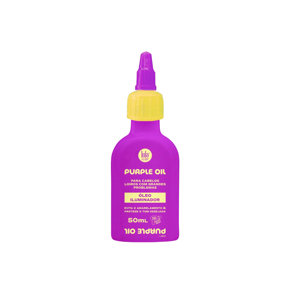 Frasco plástico roxo com tampa amarela de óleo para cabelo