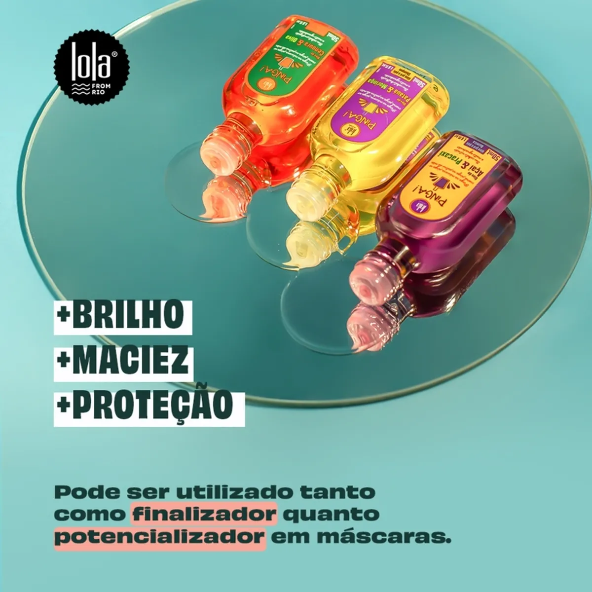 Três frascos coloridos de produto cosmético sobre espelho com texto promocional