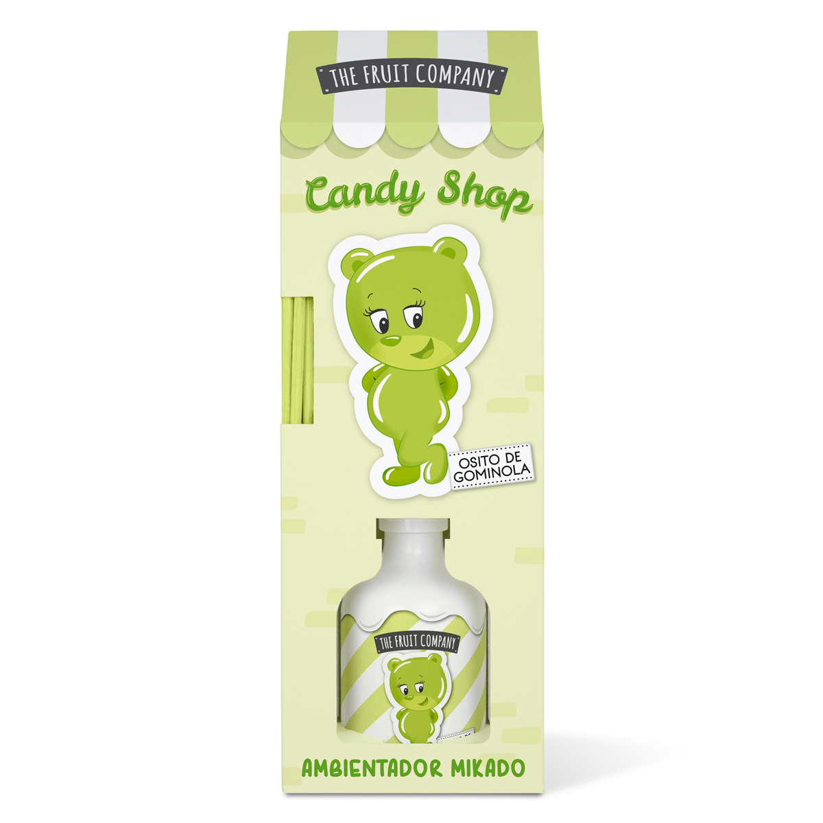 Ambientador Mikado The Fruit Company Candy Shop com urso verde na embalagem