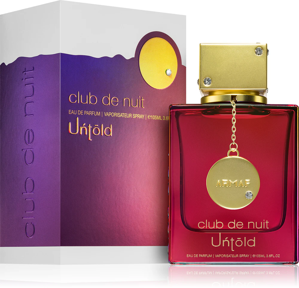 Frasco de perfume vermelho com tampa dourada e caixa roxa e branca