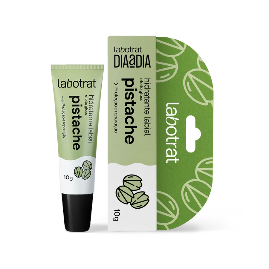 Hidratante labial Labotrat pistache em tubo verde claro e branco com texto e ilustração de pistaches
