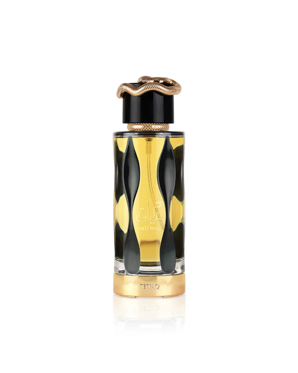 Frasco de perfume com padrão preto e tampo com serpente dourada