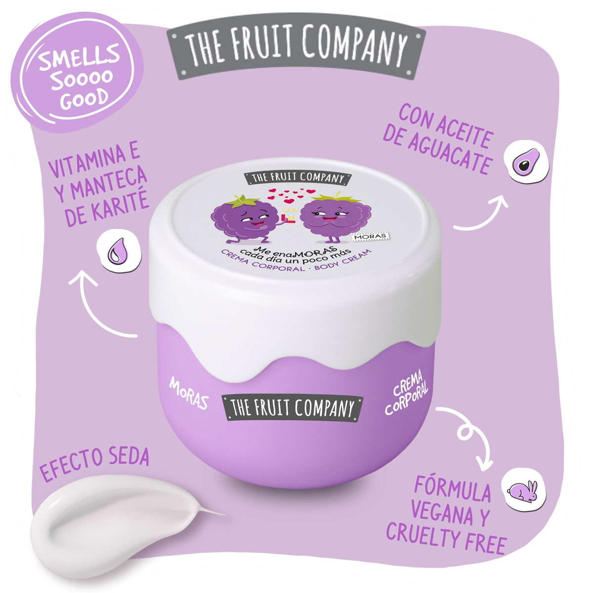 Frasco roxo com tampa branca de creme corporal THE FRUIT COMPANY com texto e ilustrações em fundo lilás