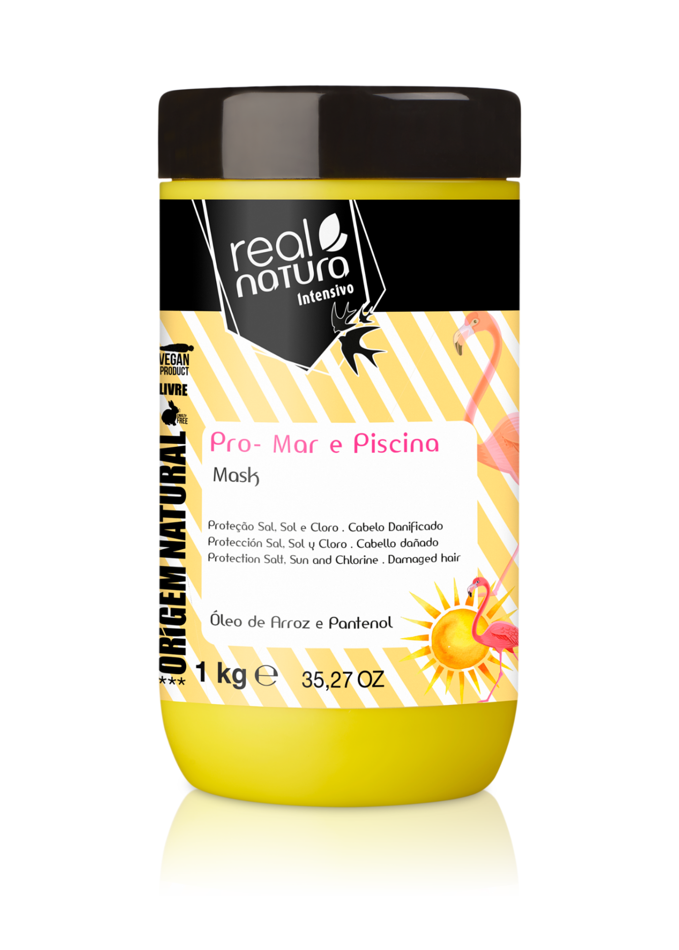 Frasco amarelo de máscara capilar real natura com tampa preta e design de flamingos