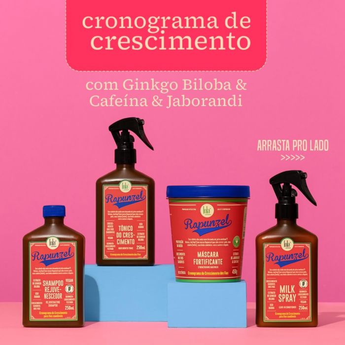 Produtos Rapunzel para cronograma de crescimento capilar em fundo rosa.