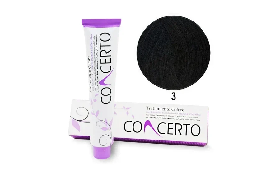 Tubo e caixa de creme de coloração de cabelo Concerto com número 3 para cor preta