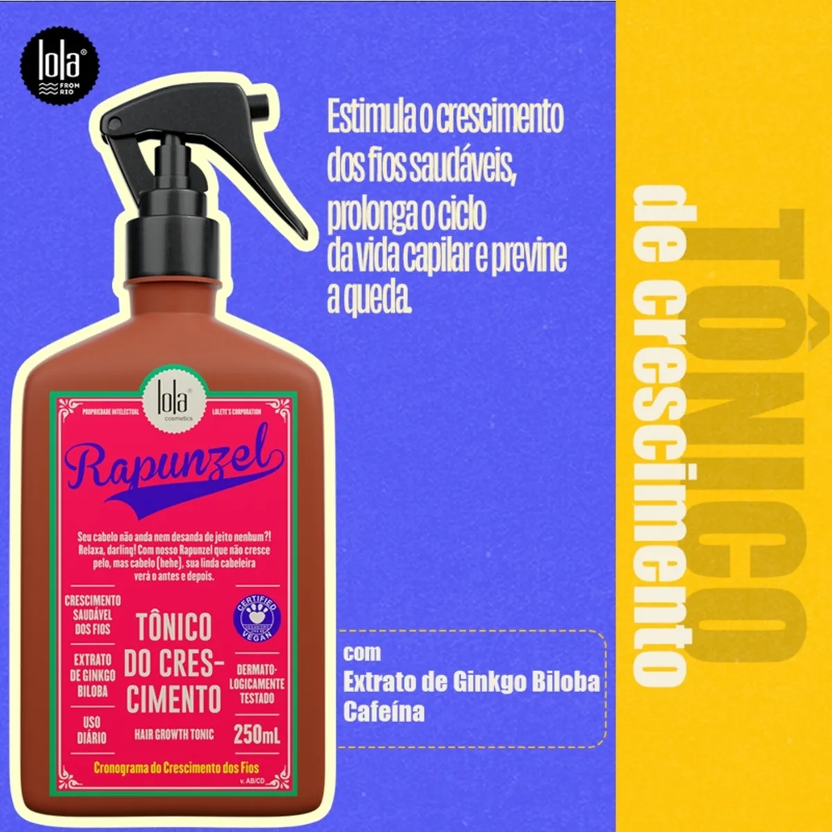 Frasco de spray para crescimento capilar Lola Cosmetics Rapunzel 250ml em fundo azul e amarelo