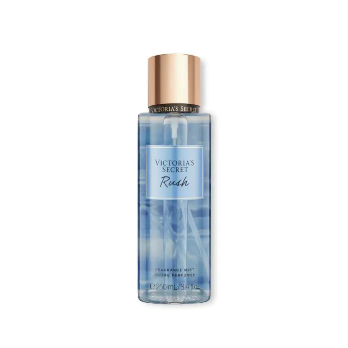 Frasco Victorias Secret Rush fragrance mist 250 ml, azul com tampa dourada