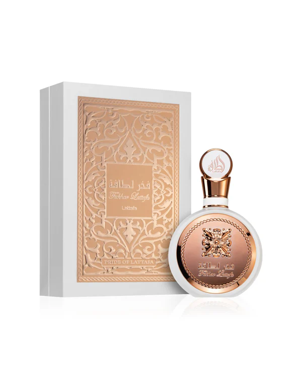 Perfume em frasco redondo branco com dourado e rosa e caixa decorativa branca