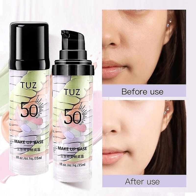 Dois frascos de TUZ MAKE UP BASE FPS 50 ao lado de fotos antes e depois do uso no rosto de uma mulher