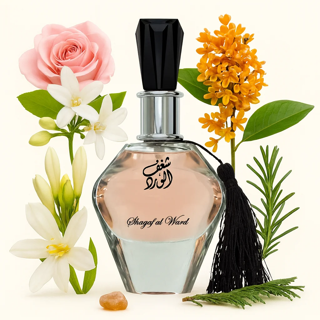 Frasco de perfume transparente com líquido rosado e tampa preta, rodeado por várias flores e folhagem verde.