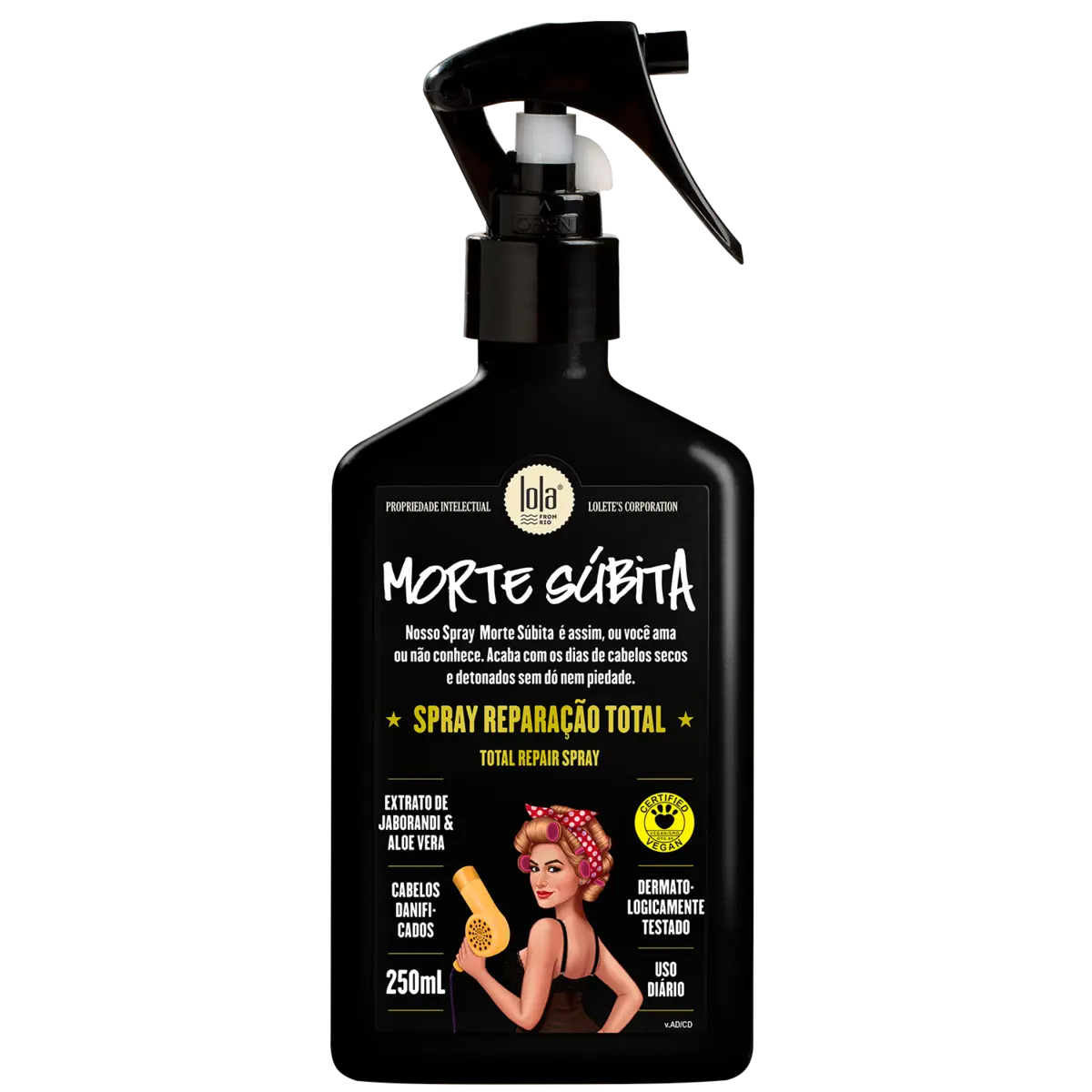 Frasco preto spray reparação total para cabelo com texto e ilustração