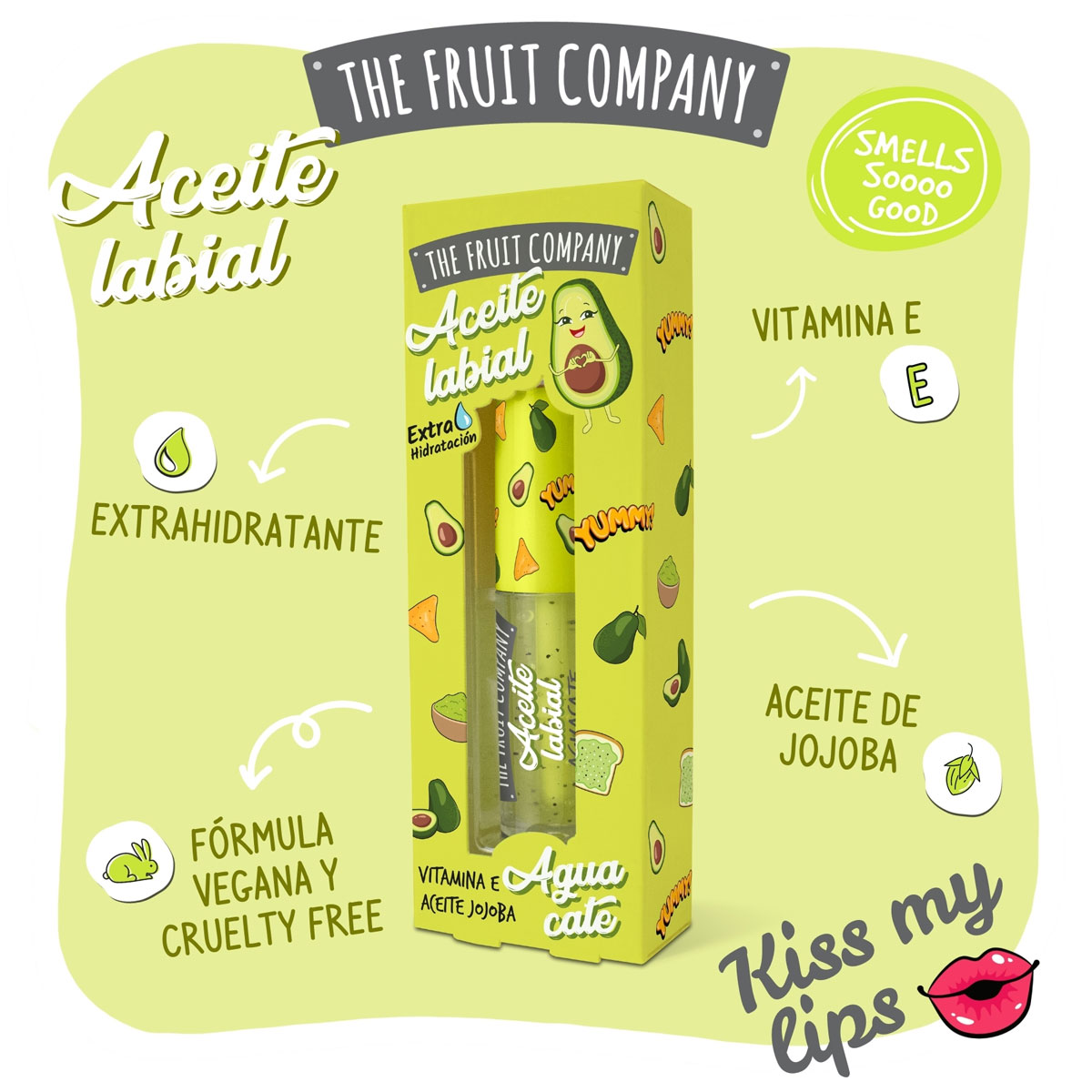 Aceite labial The Fruit Company em embalagem com imagens de abacate e texto destacando propriedades hidratantes