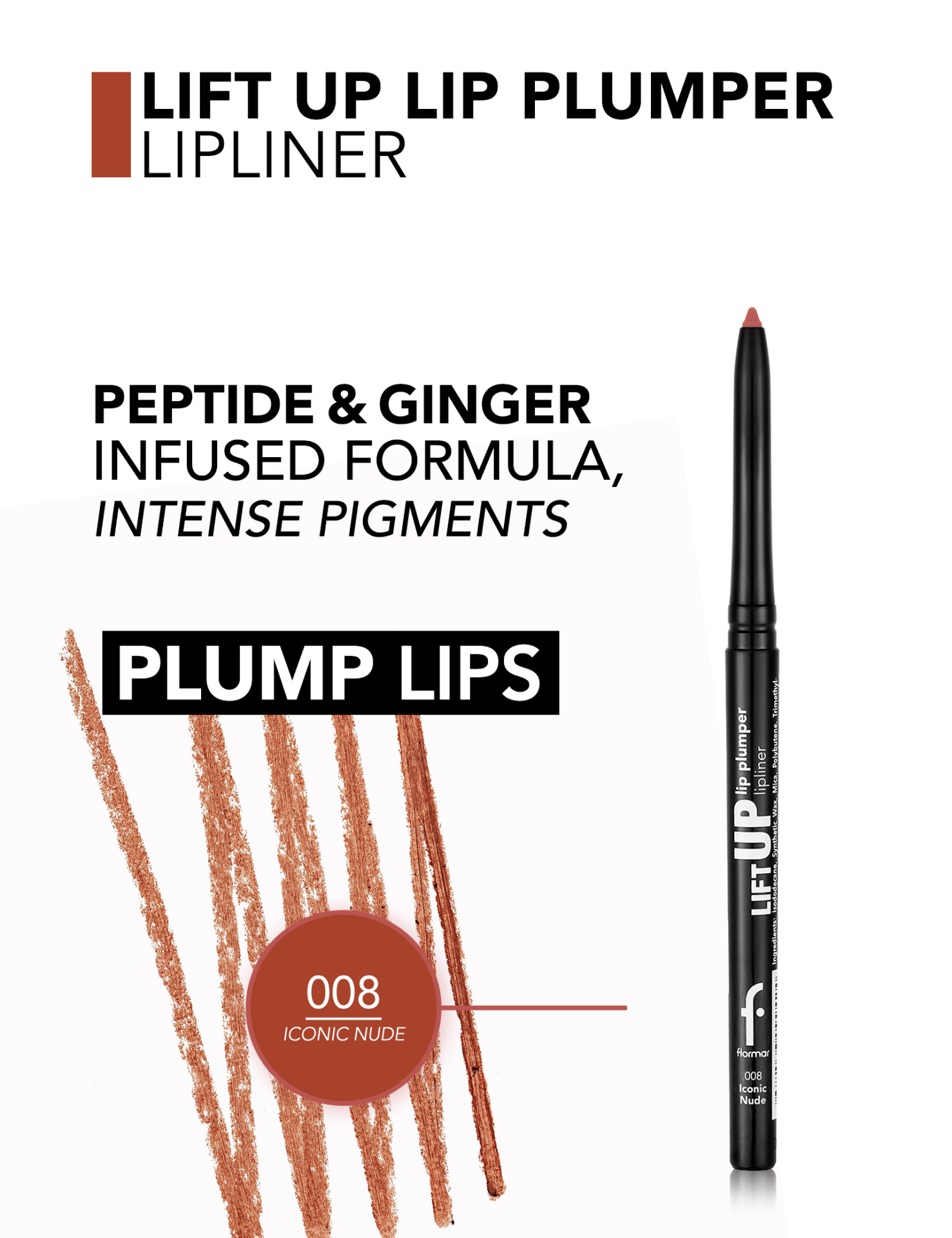 Lápis de contorno labial nude com texto e traços coloridos