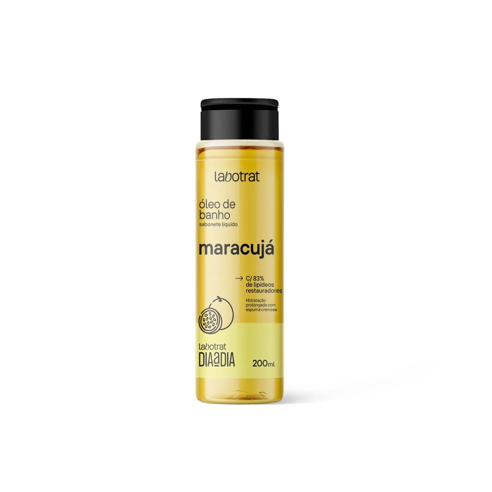 Frasco amarelo de óleo de banho maracujá com tampa preta