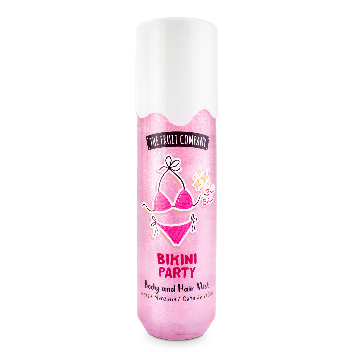 Frasco rosa e branco de spray corporal e capilar Bikini Party da The Fruit Company