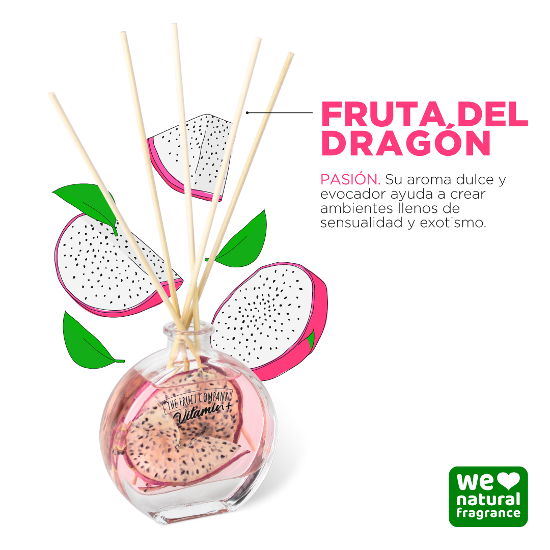 Frasco de difusor com fragrância rosa e palitos de madeira com imagens da fruta do dragão.