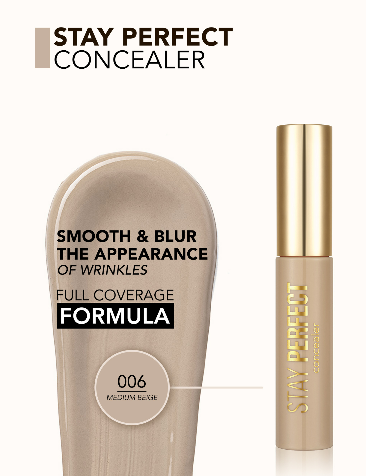 Corretor líquido STAY PERFECT em embalagem bege com tampa dourada e texto explicativo sobre produto