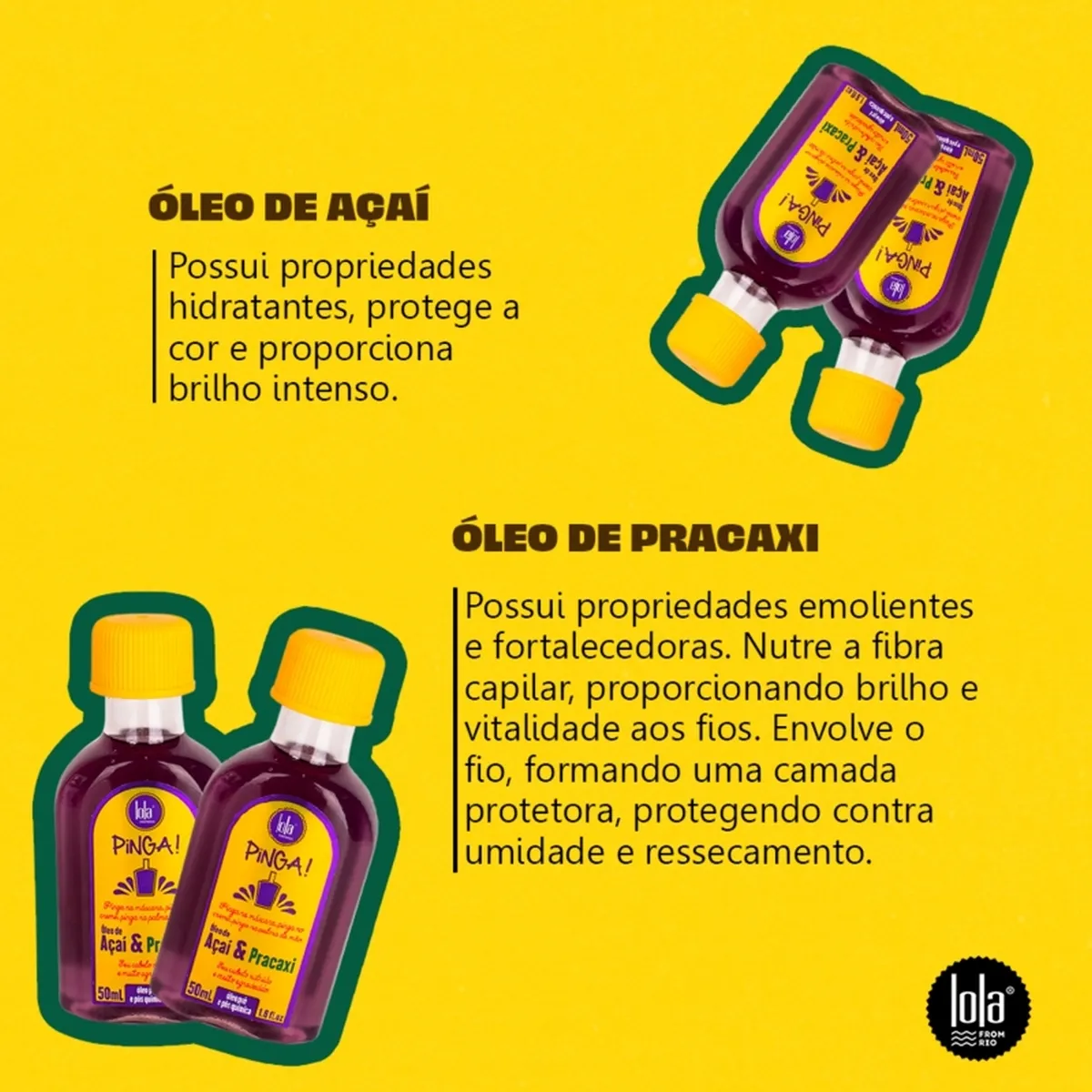 Embalagens duplas dos óleos de açaí e pracaxi da marca PINGA! sobre fundo amarelo com texto descritivo