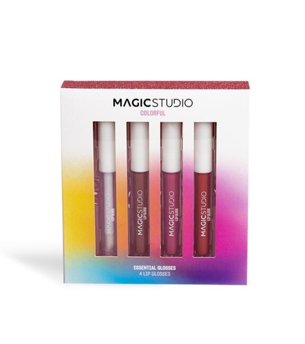 Conjunto de quatro glosses labiais MAGICSTUDIO coloridos em caixa com gradiente de cores