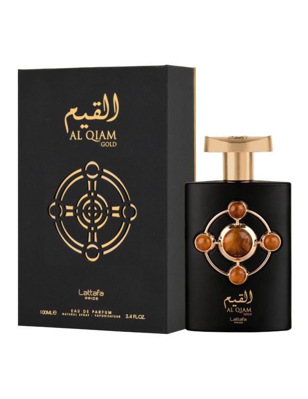 Perfume Al Qiam Gold Lattafa frasco preto e dourado com embalagem preta