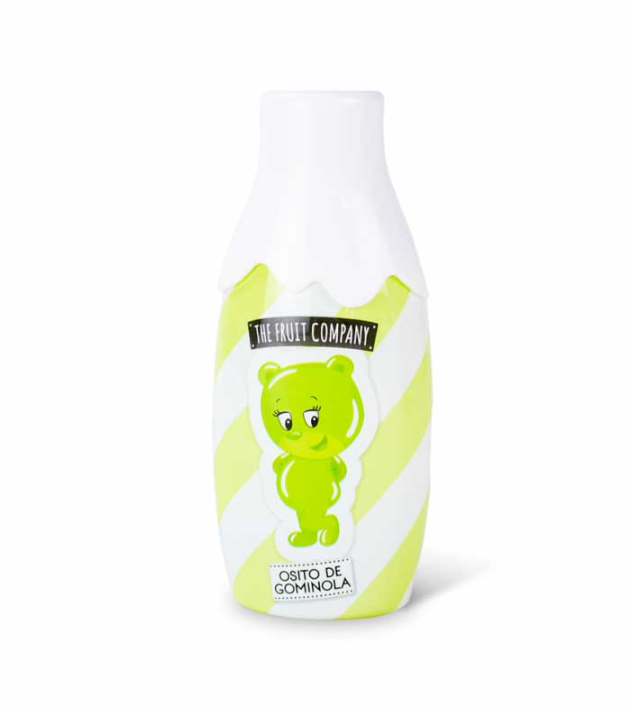 Garrafa plástica com rótulo branco e verde com desenho de ursinho e texto em português