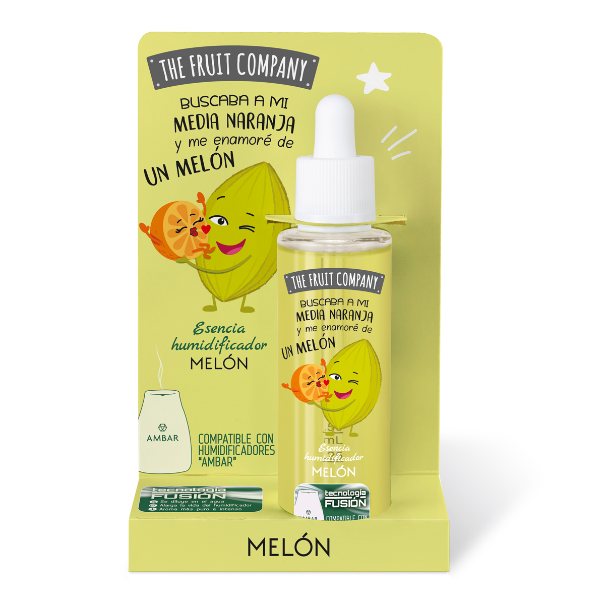 Essência humidificadora MELÓN da THE FRUIT COMPANY com frasco e embalagem amarela com ilustração de melão e laranja