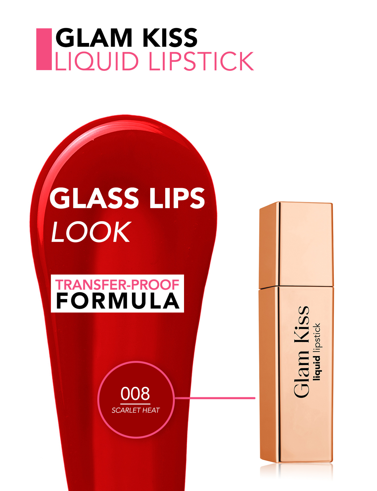 Batom líquido vermelho Glam Kiss com embalagem dourada e texto promocional em fundo branco