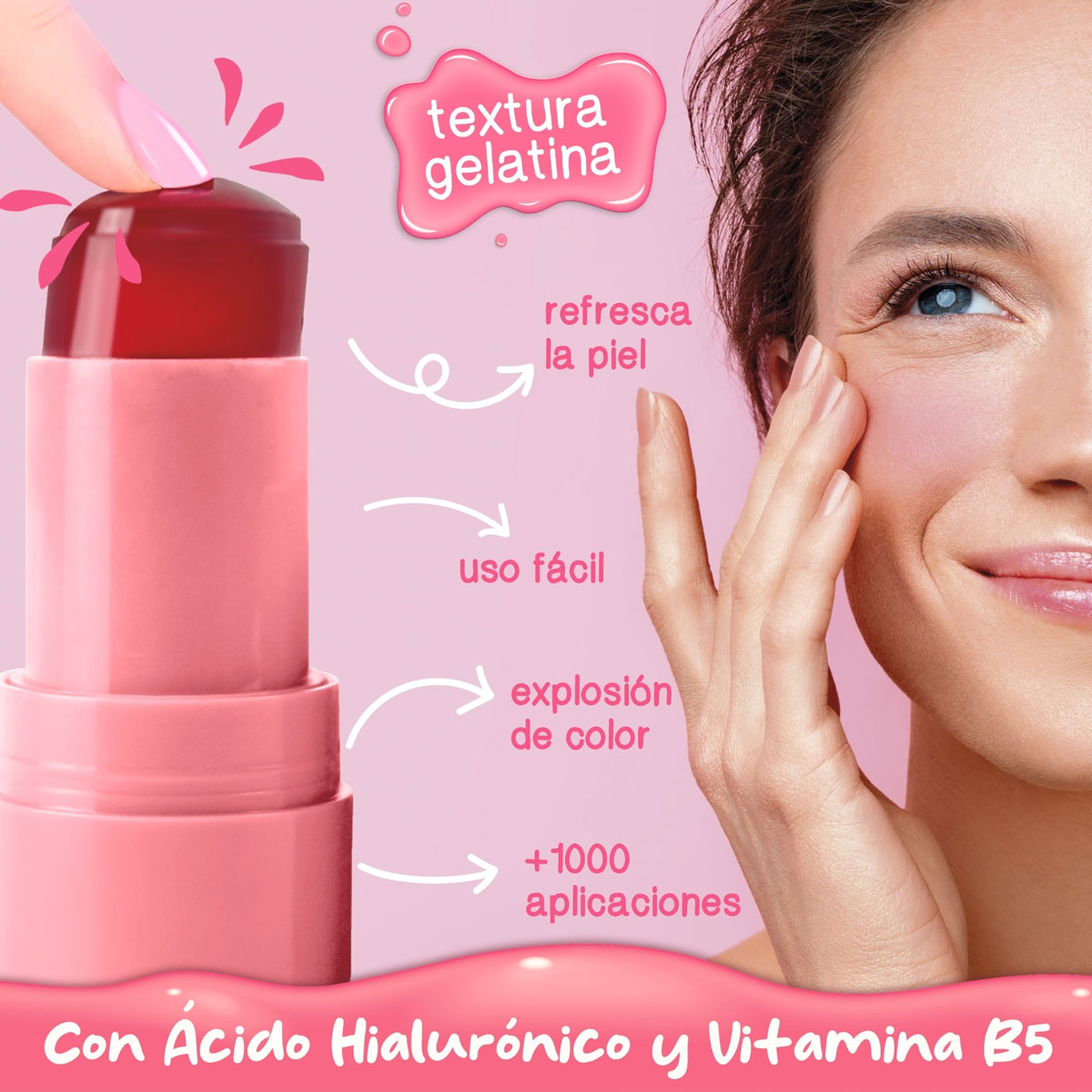 Stick de cosmético rosa com tampa vermelha e mulher sorrindo tocando o rosto