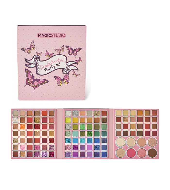 Paleta de maquilhagem Magic Studio Beauty Colors com cores variadas e embalagem rosa com borboletas