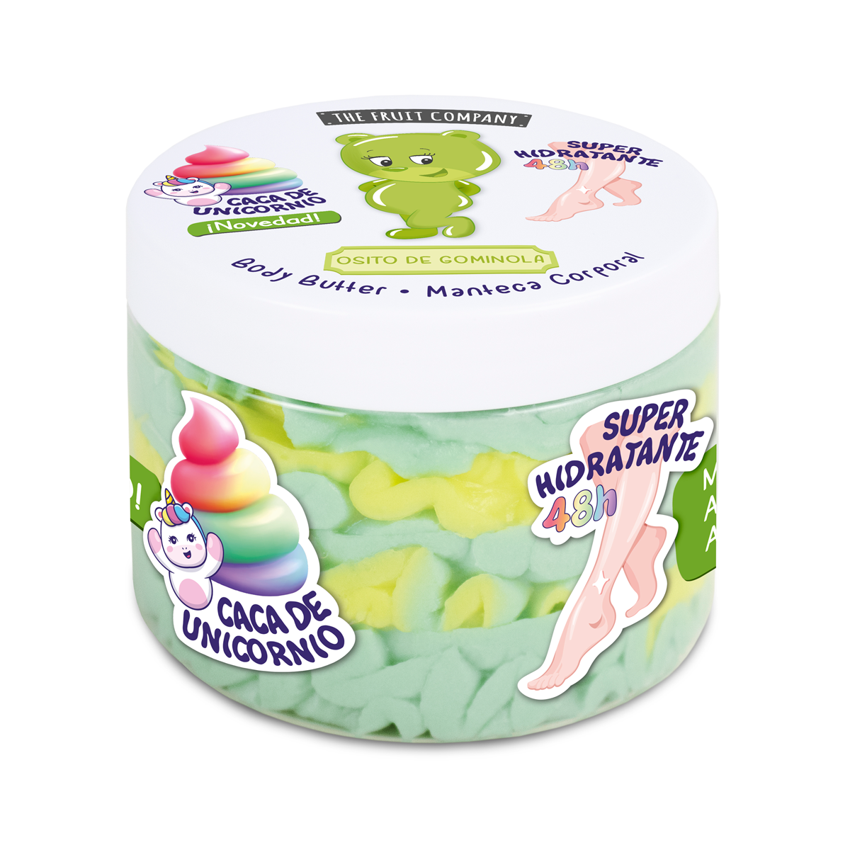 Frasco de manteiga corporal com tampa branca e ilustração de unicórnio e urso verde