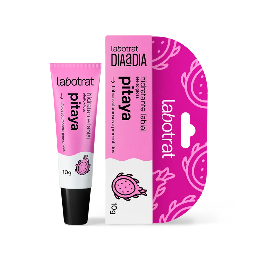 Hidratante labial Labotrat Pitaya em tubo rosa e branco com embalagem rosa decorada com desenhos de pitaya.