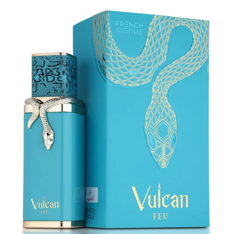 Frasco e caixa de perfume azul-turquesa com detalhes dourados e serpente decorativa