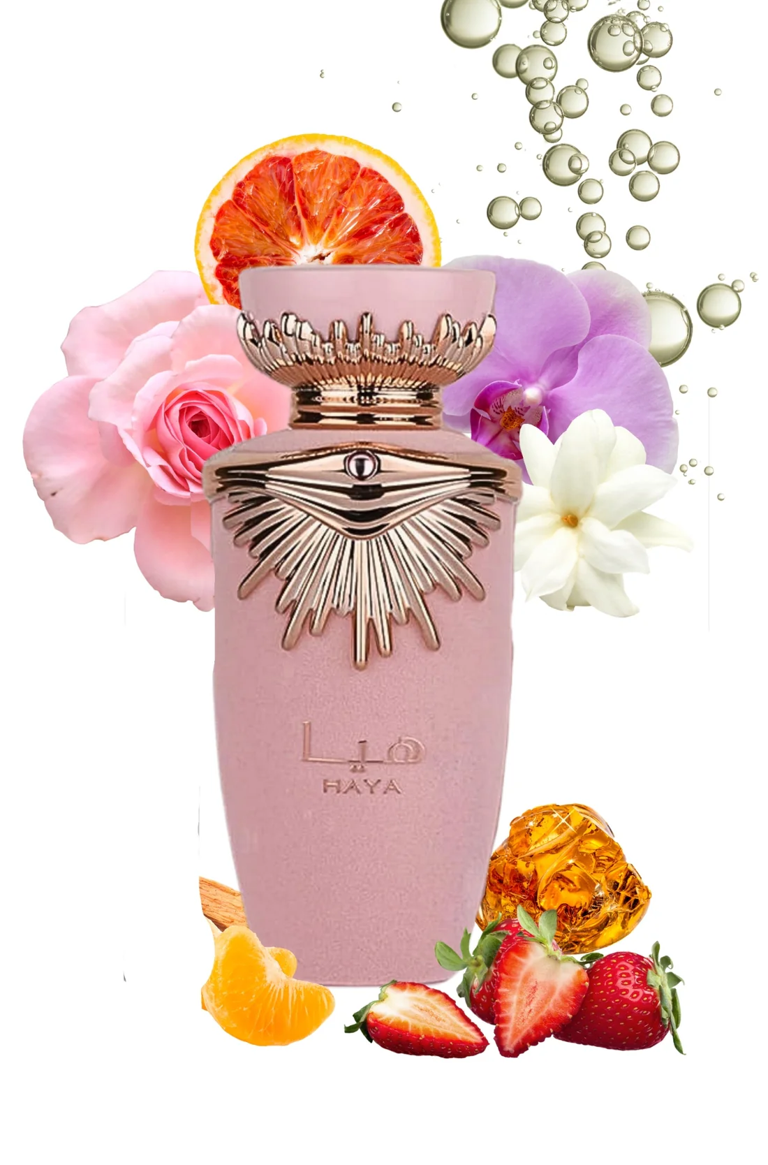 Frasco rosa de perfume LIO HAYA decorado com flores, frutas e bolhas