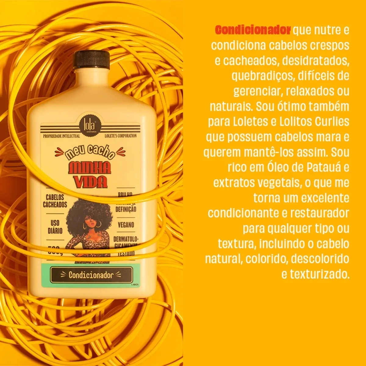 Frasco de condicionador amarelo com texto e ilustração para cabelos cacheados