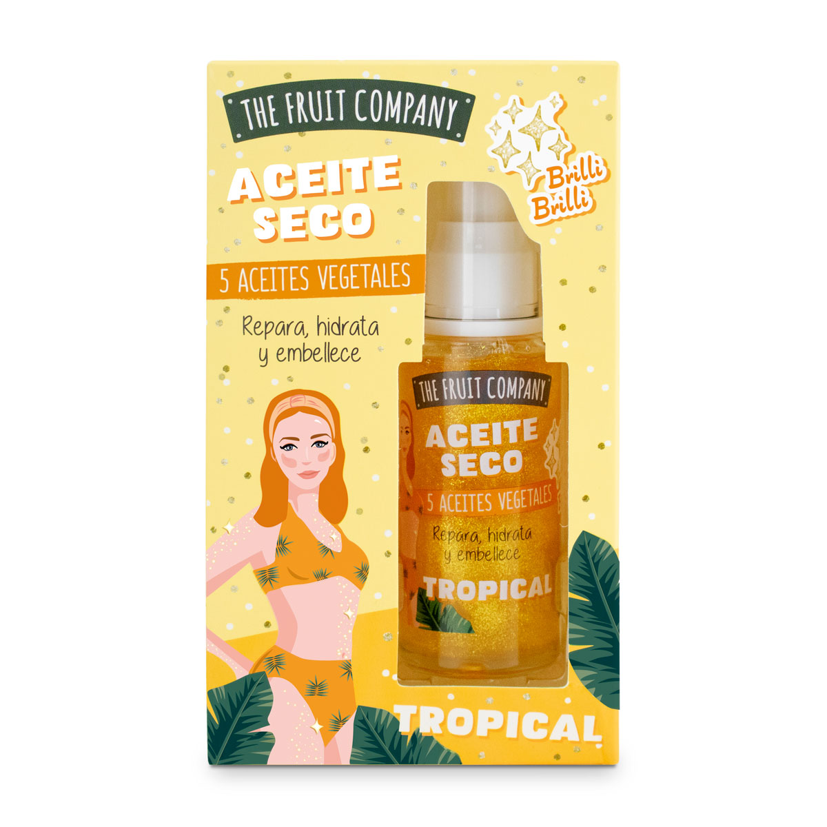 Embalagem amarela do Aceite Seco The Fruit Company com texto e figura mulher roupa tropical