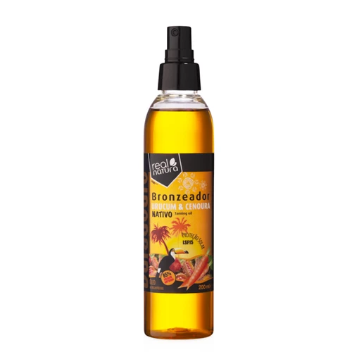 Frasco de óleo bronzeador Real Natura com tampa spray e rótulo amarelo e preto