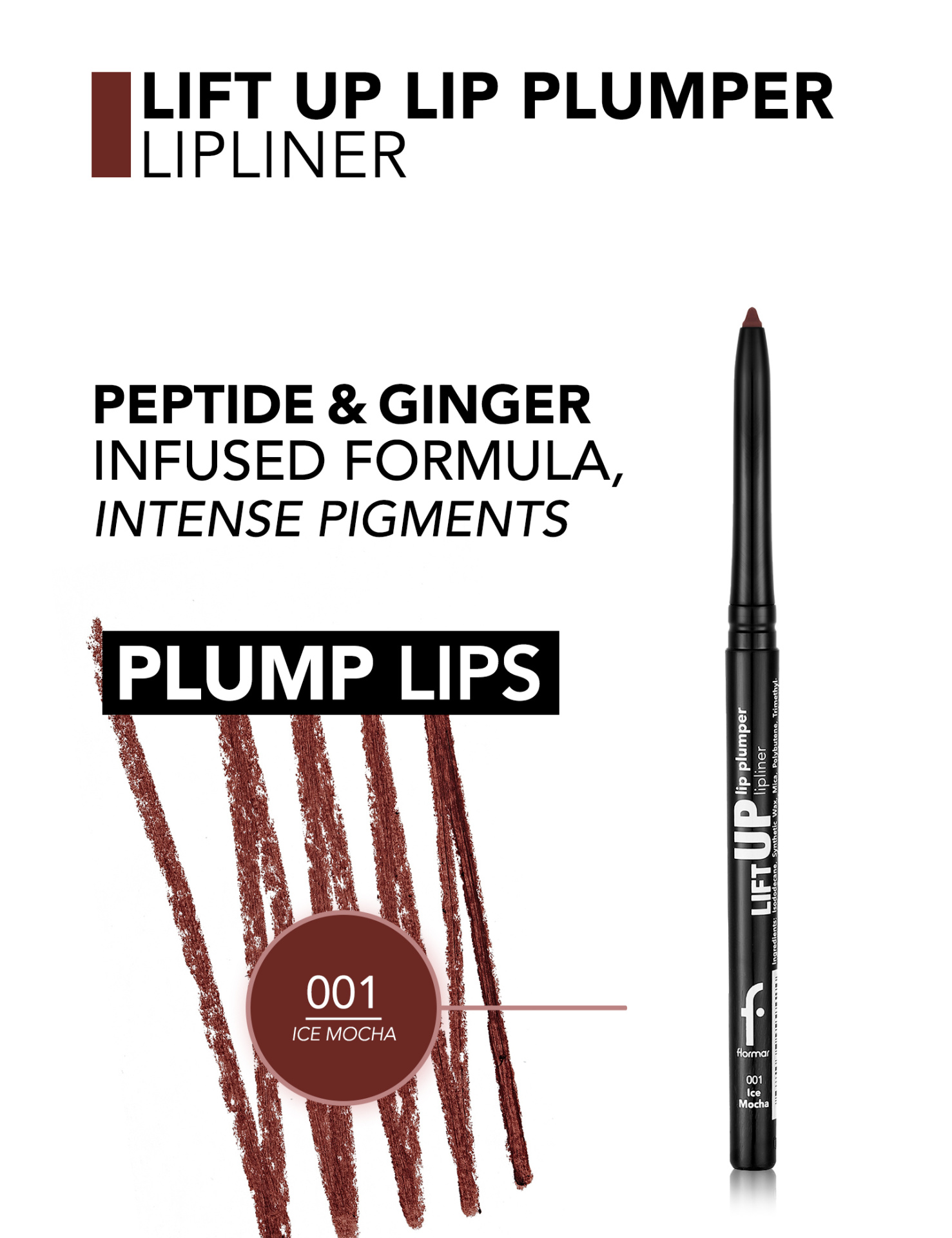 Lápis delineador labial preto da cor Ice Mocha com traços castanho avermelhados