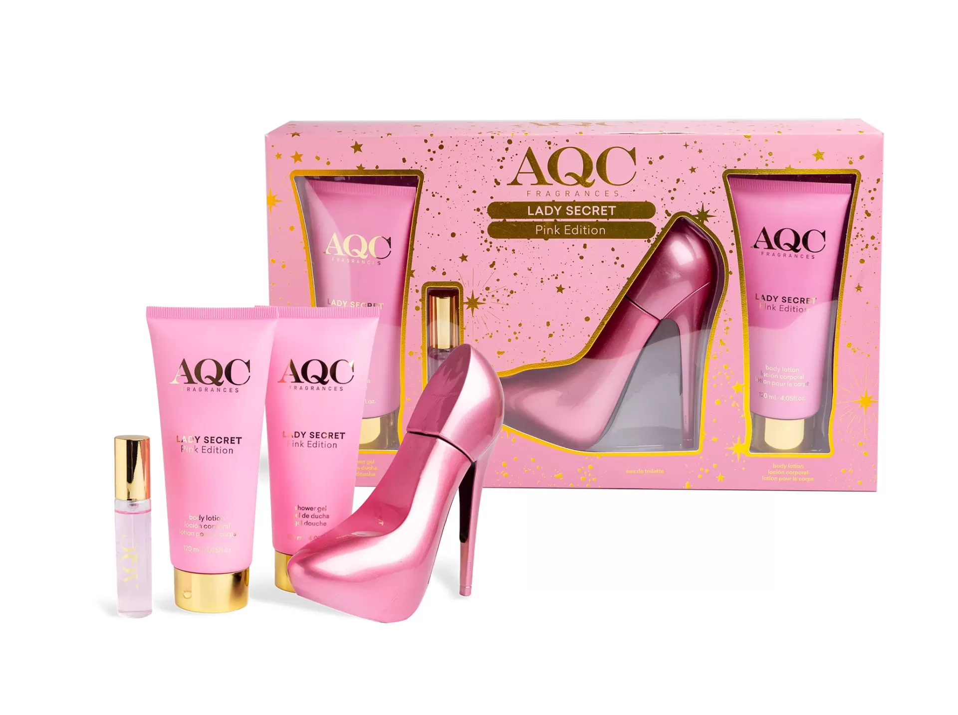 Conjunto AQC Lady Secret Pink Edition com produtos em embalagem rosa e caixa decorada