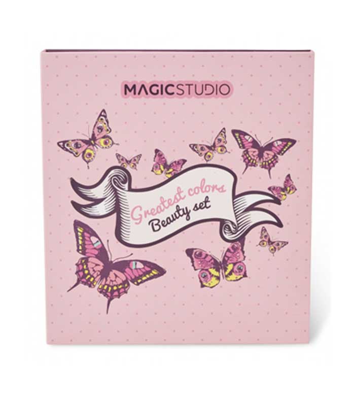 Caixa rosa com borboletas e texto Magic Studio Greatest colors Beauty set