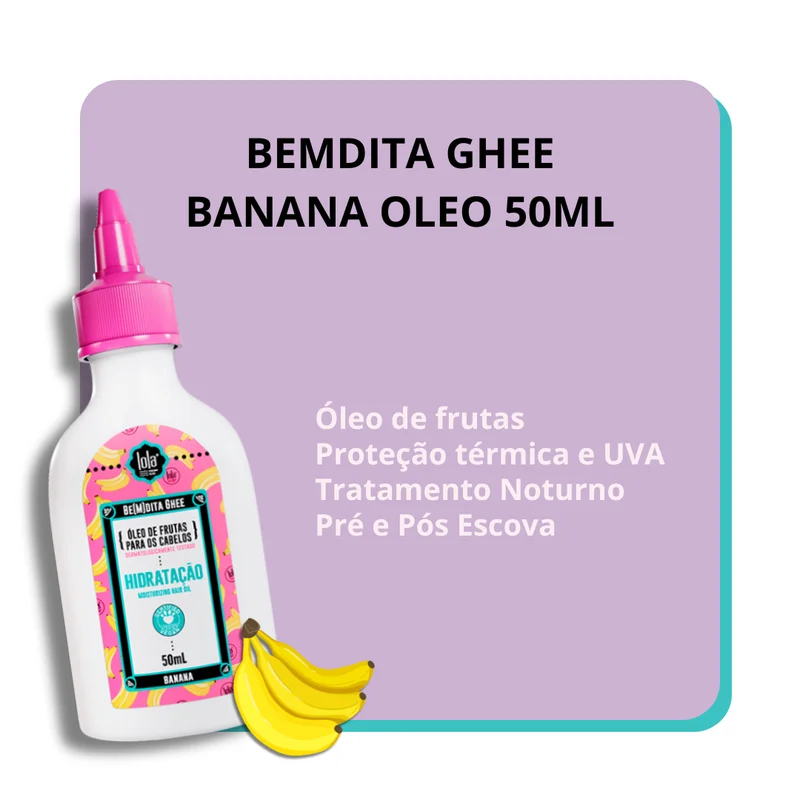 Frasco branco com tampa rosa e etiqueta colorida do produto Bemdida Ghee Banana Óleo 50ml e texto informativo em fundo lilás