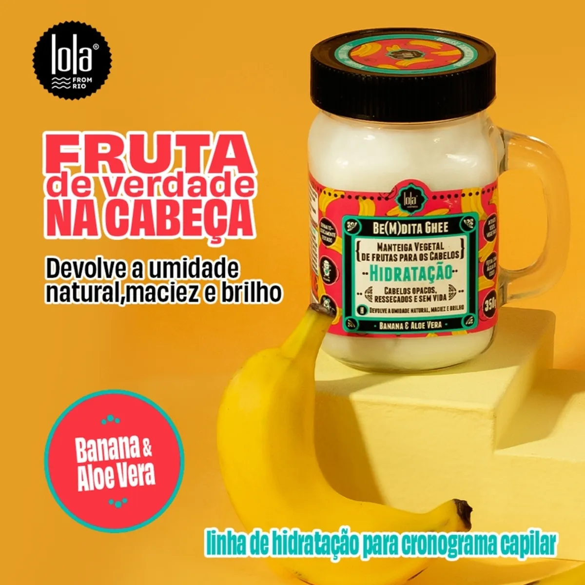 Frasco de manteiga vegetal para cabelos com rótulo colorido, banana e fundo amarelo