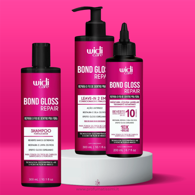 Produtos de cuidado capilar Widi Care Bond Gloss Repair em embalagens rosa e pretas