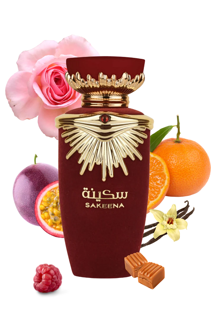 Frasco de perfume vermelho e dourado com flores, frutos e caramelos ao redor