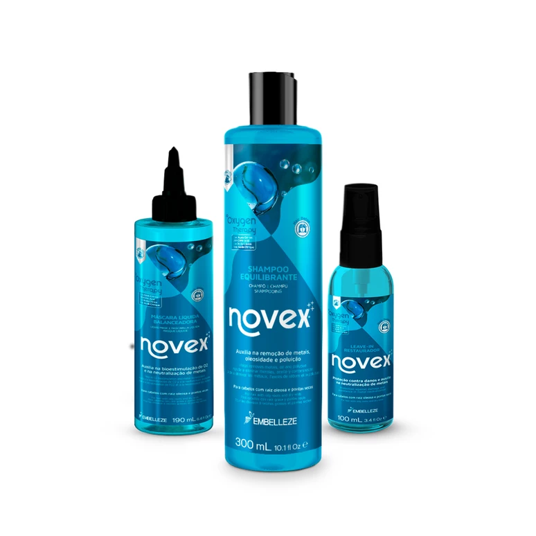 Conjunto de produtos de cabelo Novex em embalagens azuis.
